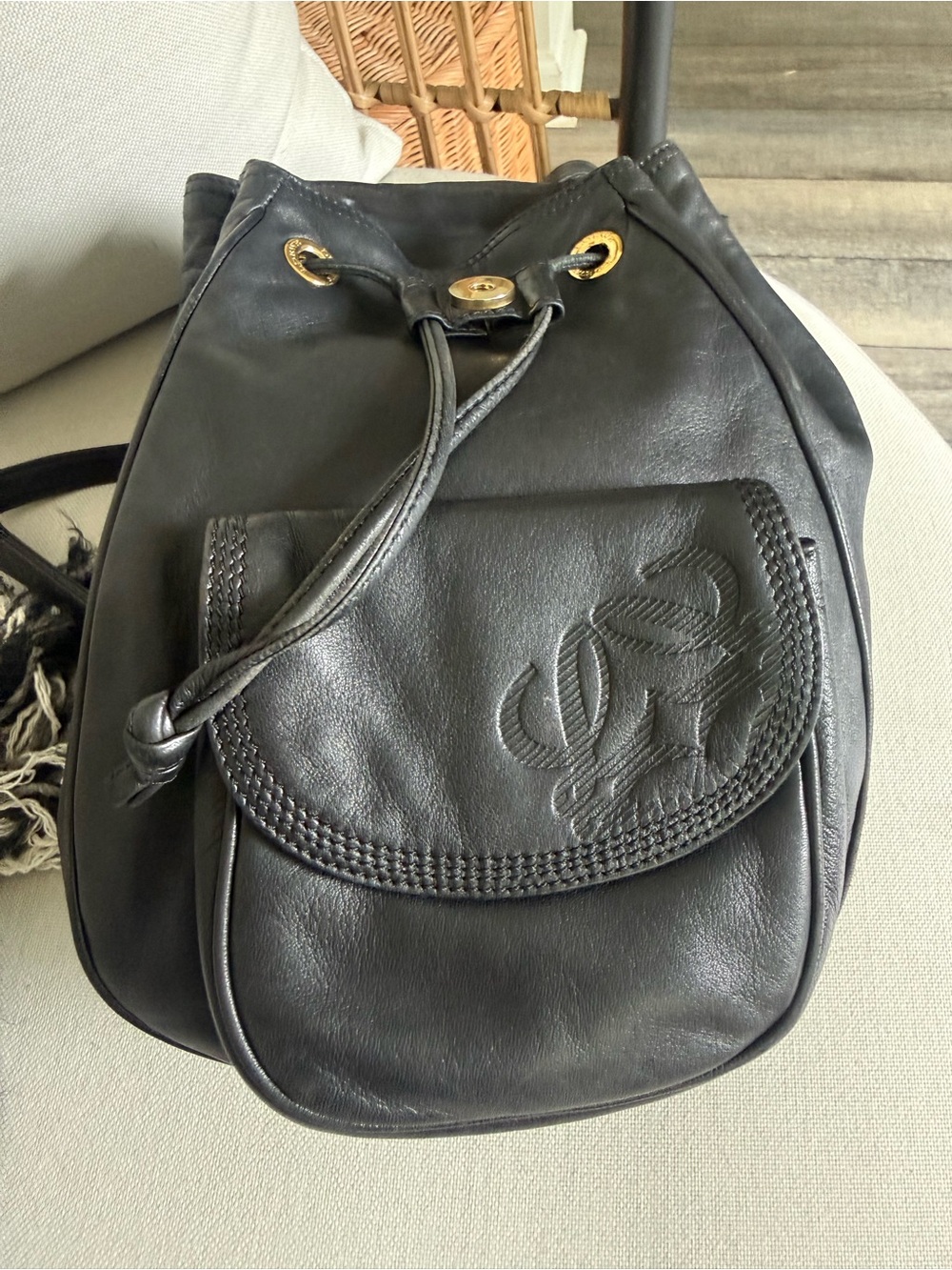 Loewe Vintage Black Nappa Leather Anagram Drawstring Backpack Made in Spain
